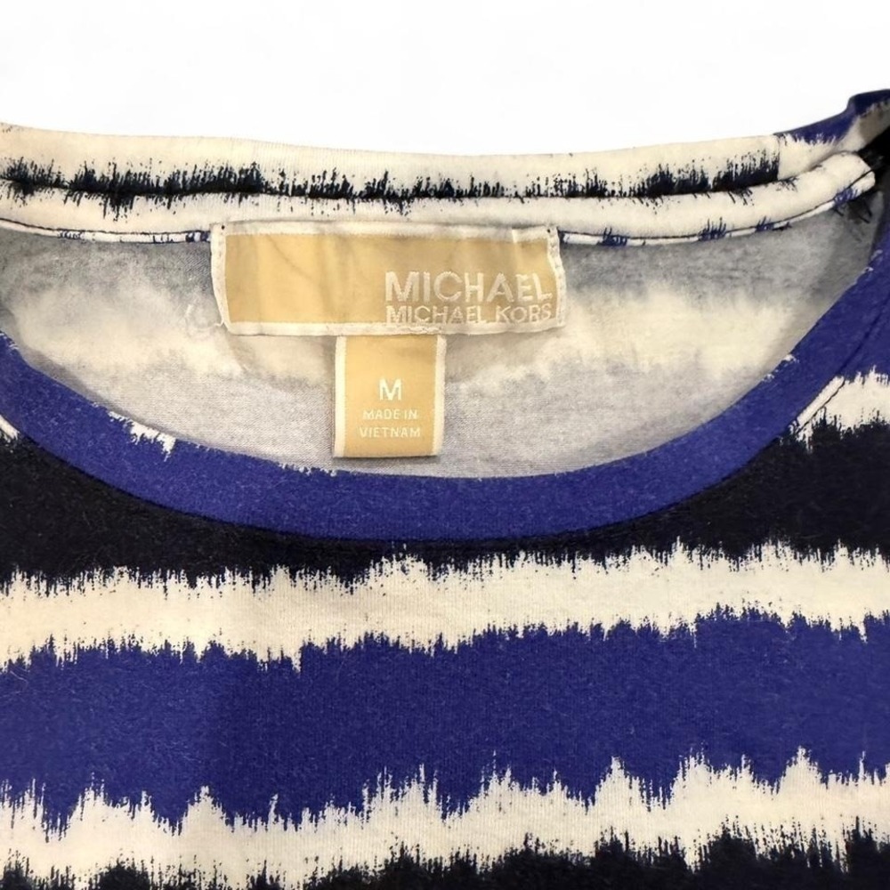 Michael Kors Womens Blue Black Striped Studded MK Logo T-Shirt Size Medium - Picture 2 of 6